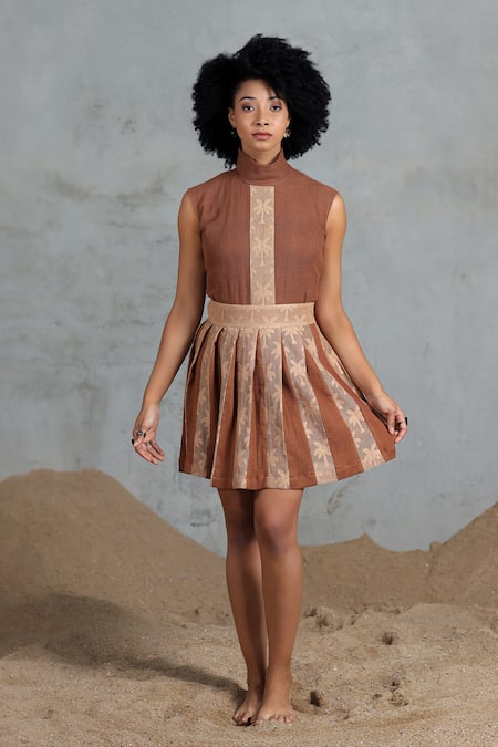 Coeur Brown Cotton, Net High Neck Knitted Skirt Set 