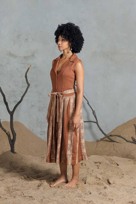 Coeur_Brown Collared Organic Cotton Midi Dress _Online_at_Aza_Fashions