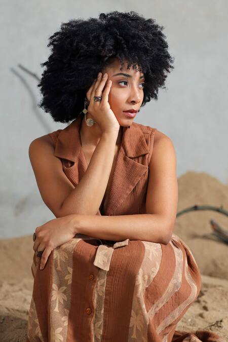 Buy_Coeur_Brown Collared Organic Cotton Midi Dress _Online_at_Aza_Fashions