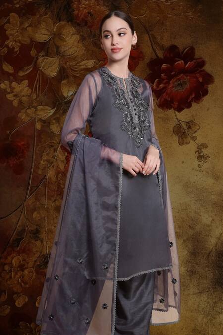 Shop_Bhairavi Jaikishan_Gray Organza, Silk Embroidery, Sequins Split V-neck Grey Kurta Set 