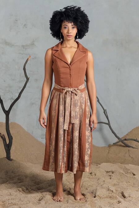 Shop_Coeur_Brown Collared Organic Cotton Midi Dress _Online_at_Aza_Fashions