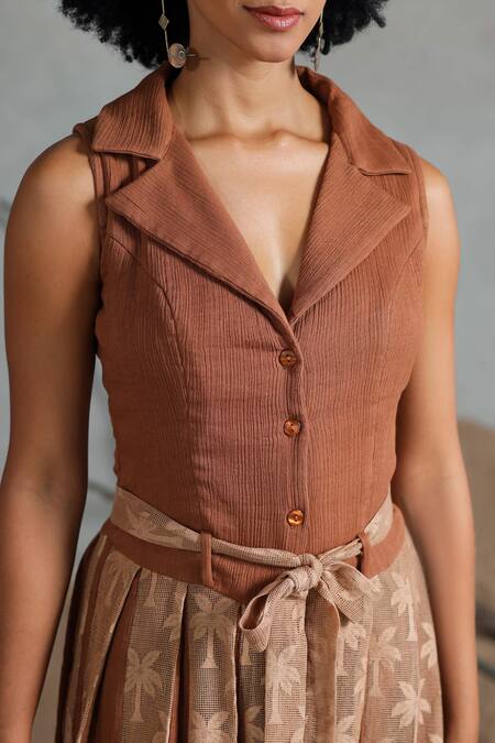 Coeur_Brown Collared Organic Cotton Midi Dress _at_Aza_Fashions