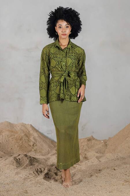 Coeur_Green Cotton, Net Embroidery Collared Knitted Skirt Set _Online_at_Aza_Fashions