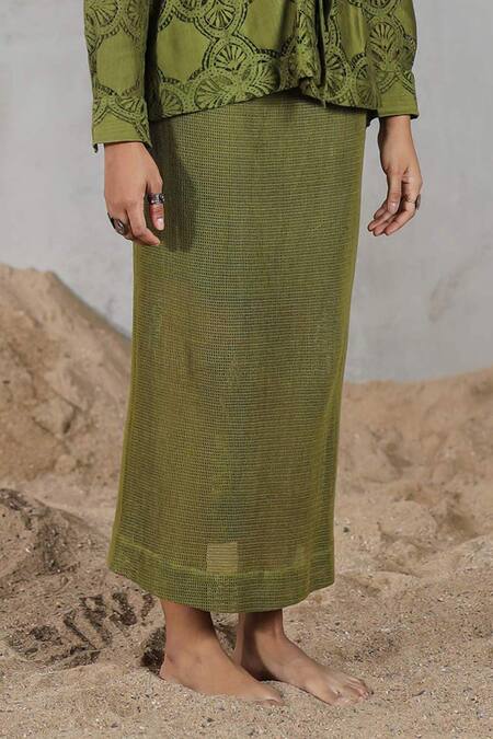 Shop_Coeur_Green Cotton, Net Embroidery Collared Knitted Skirt Set _Online_at_Aza_Fashions