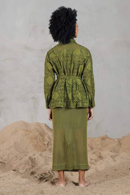 Coeur Green Cotton Knitted Net Skirt Set 