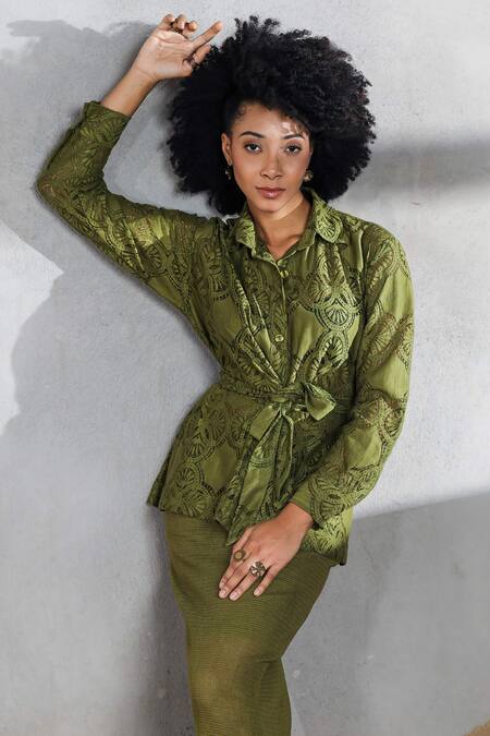 Coeur_Green Cotton, Net Embroidery Collared Knitted Skirt Set _at_Aza_Fashions