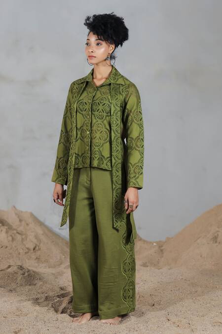 Coeur_Green Embroidery Collared Shirt Pant Set _Online_at_Aza_Fashions