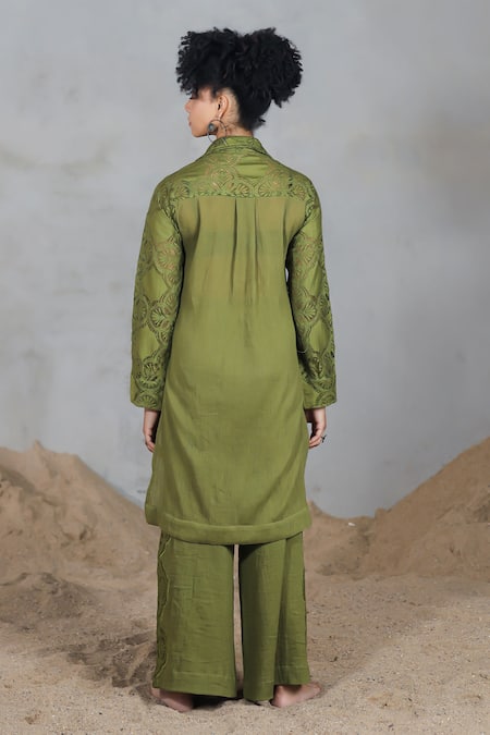 Coeur Green Embroidered Shirt Pant Set 