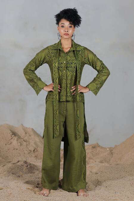 Buy_Coeur_Green Embroidery Collared Shirt Pant Set _Online_at_Aza_Fashions