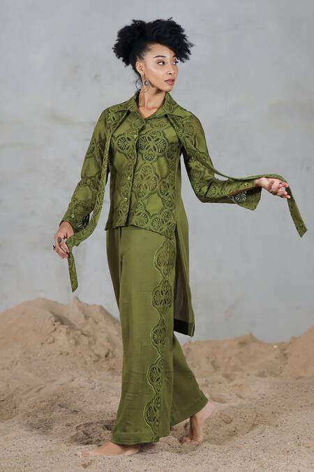 Shop_Coeur_Green Embroidery Collared Shirt Pant Set _Online_at_Aza_Fashions