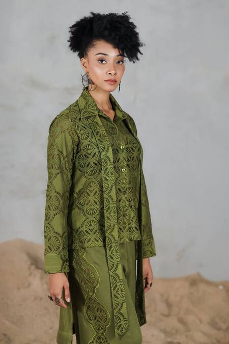 Coeur_Green Embroidery Collared Shirt Pant Set _at_Aza_Fashions