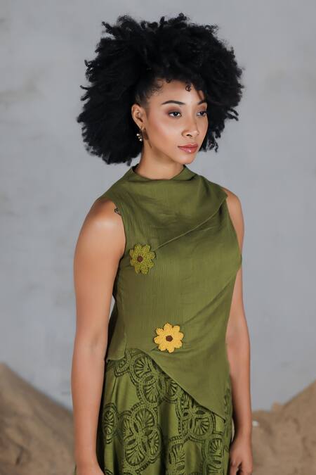Coeur_Green Cotton Fabric Flowers Asymmetric Knitted Midi Dress _Online_at_Aza_Fashions