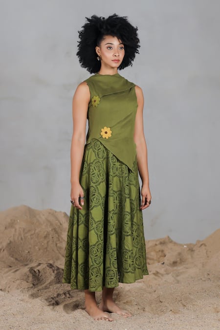 Buy_Coeur_Green Cotton Fabric Flowers Asymmetric Knitted Midi Dress _Online_at_Aza_Fashions