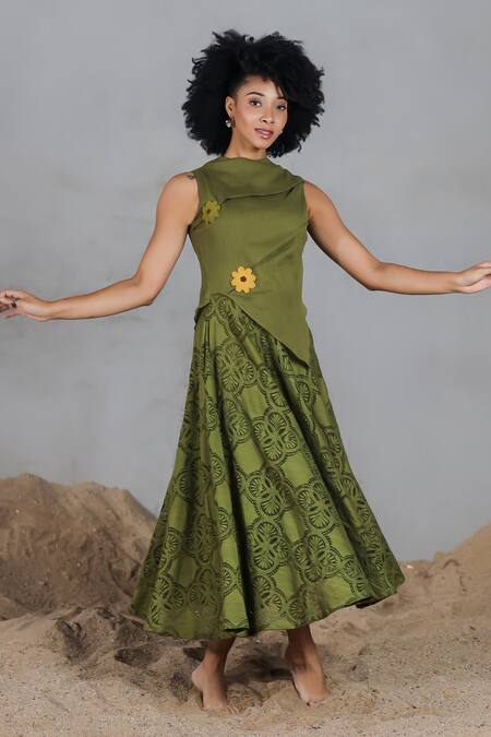 Shop_Coeur_Green Cotton Fabric Flowers Asymmetric Knitted Midi Dress _Online_at_Aza_Fashions