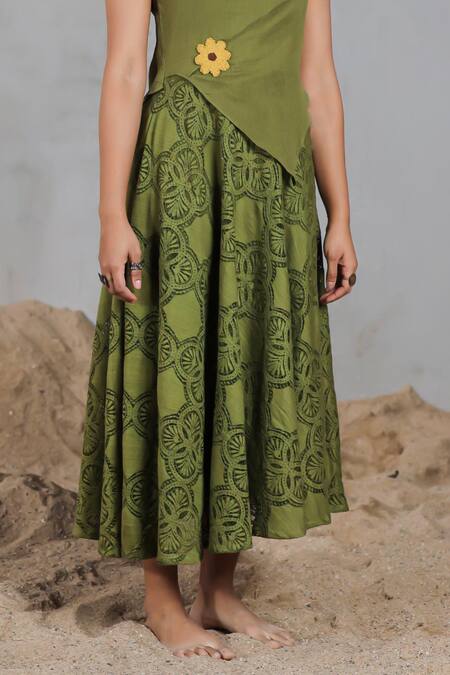 Coeur_Green Cotton Fabric Flowers Asymmetric Knitted Midi Dress _at_Aza_Fashions