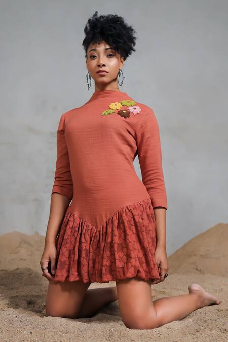 Shop_Coeur_Orange Cotton Applique High Neck Padded Organic Dress _Online_at_Aza_Fashions