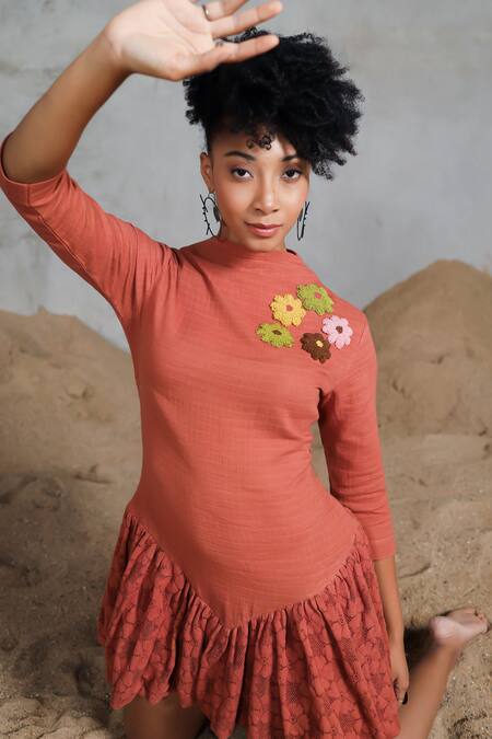 Buy_Coeur_Orange Cotton Applique High Neck Padded Organic Dress 