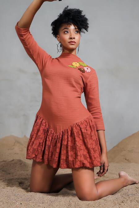 Shop_Coeur_Orange Cotton Applique High Neck Padded Organic Dress 