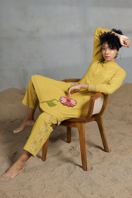 Coeur_Yellow Cotton Embroidery Collared Organic Kurta Set _Online_at_Aza_Fashions