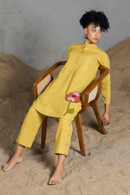 Buy_Coeur_Yellow Cotton Embroidery Collared Organic Kurta Set _Online_at_Aza_Fashions