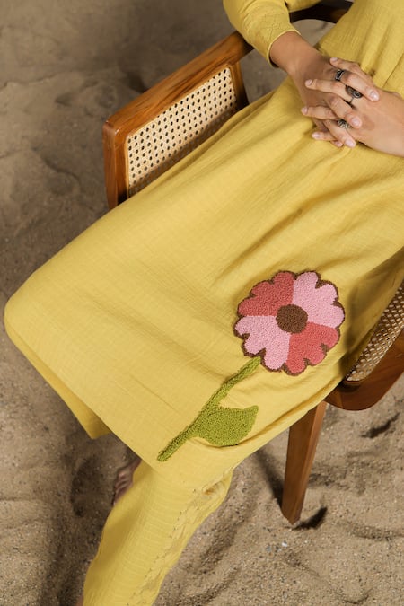 Shop_Coeur_Yellow Cotton Embroidery Collared Organic Kurta Set _Online_at_Aza_Fashions