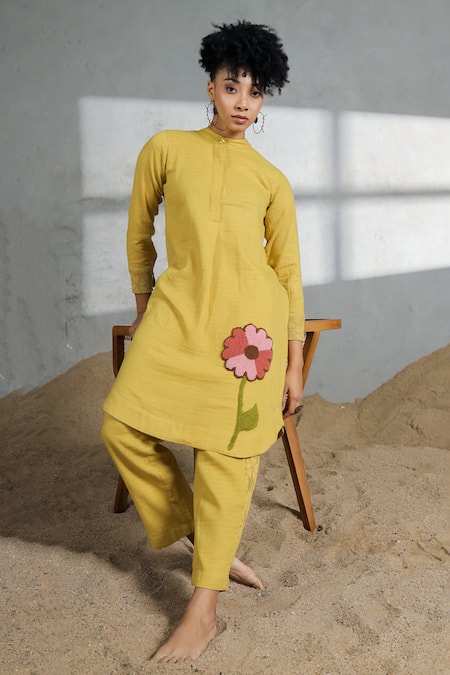 Coeur_Yellow Cotton Embroidery Collared Organic Kurta Set _at_Aza_Fashions