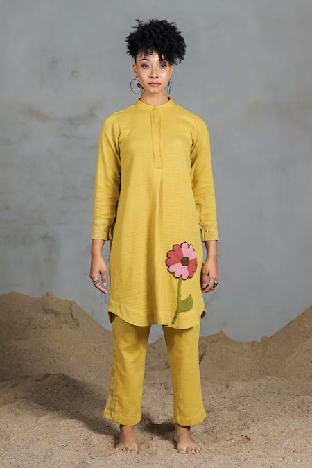 Shop_Coeur_Yellow Cotton Embroidery Collared Organic Kurta Set 