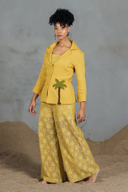Coeur_Yellow Embroidery Collared Organic Cotton Pant Set _Online_at_Aza_Fashions