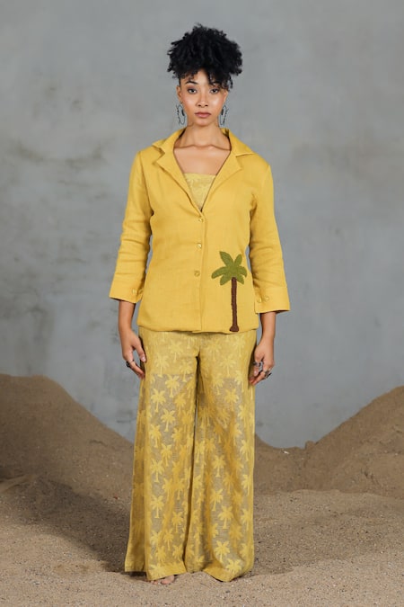 Buy_Coeur_Yellow Embroidery Collared Organic Cotton Pant Set _Online_at_Aza_Fashions