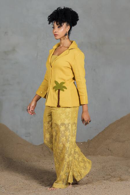 Shop_Coeur_Yellow Embroidery Collared Organic Cotton Pant Set _Online_at_Aza_Fashions