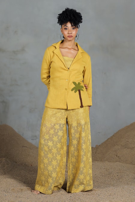 Coeur_Yellow Embroidery Collared Organic Cotton Pant Set _at_Aza_Fashions