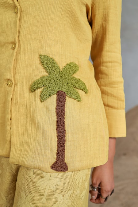 Buy_Coeur_Yellow Embroidery Collared Organic Cotton Pant Set 