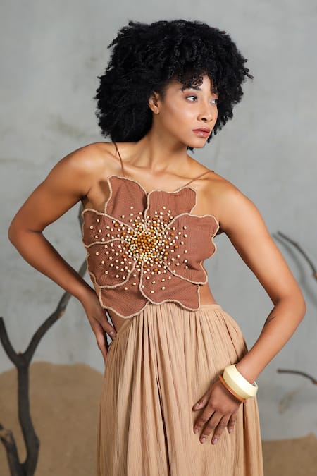 Coeur_Brown Beads, Embroidery Organic Cotton Crepe Midi Dress _Online_at_Aza_Fashions