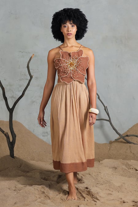 Coeur Brown Beads, Embroidery Organic Cotton Crepe Midi Dress 