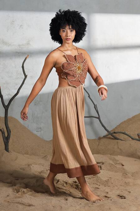 Buy_Coeur_Brown Beads, Embroidery Organic Cotton Crepe Midi Dress _Online_at_Aza_Fashions