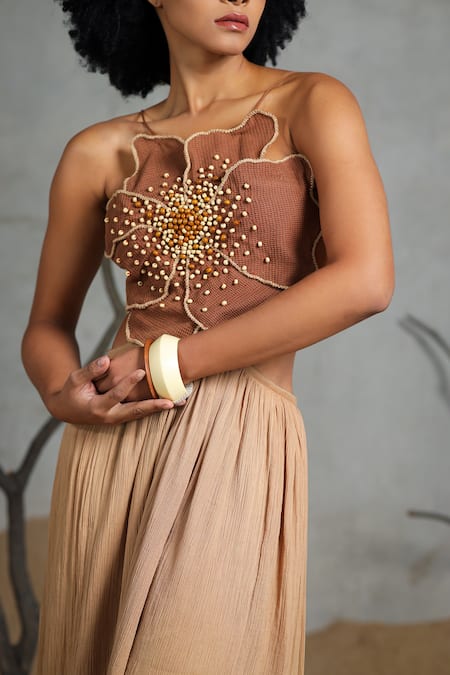 Shop_Coeur_Brown Beads, Embroidery Organic Cotton Crepe Midi Dress _Online_at_Aza_Fashions