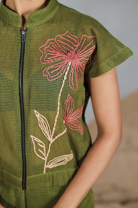 Coeur_Green Embroidery High Neck Cotton Knitted Net Pant Set _Online_at_Aza_Fashions