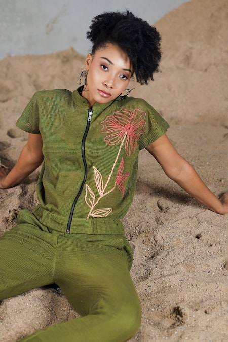 Buy_Coeur_Green Embroidery High Neck Cotton Knitted Net Pant Set _Online_at_Aza_Fashions