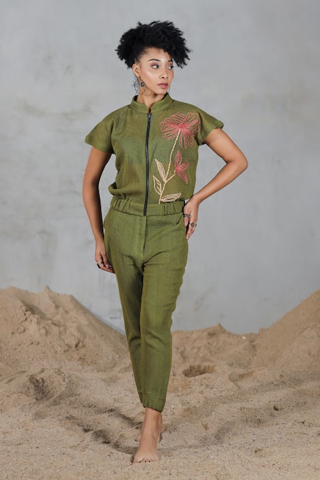 Coeur_Green Embroidery High Neck Cotton Knitted Net Pant Set _at_Aza_Fashions