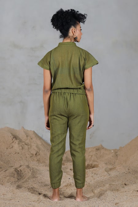 Coeur Green Cotton Knitted Net Pant Set 