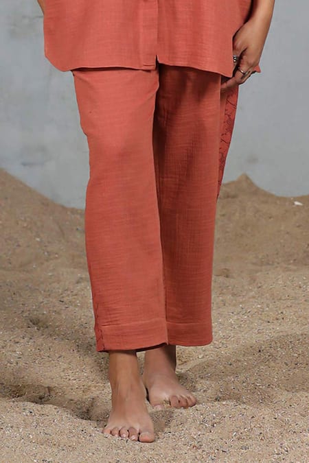 Coeur_Orange Embroidery Collared Organic Cotton Shirt And Pant Set _Online_at_Aza_Fashions