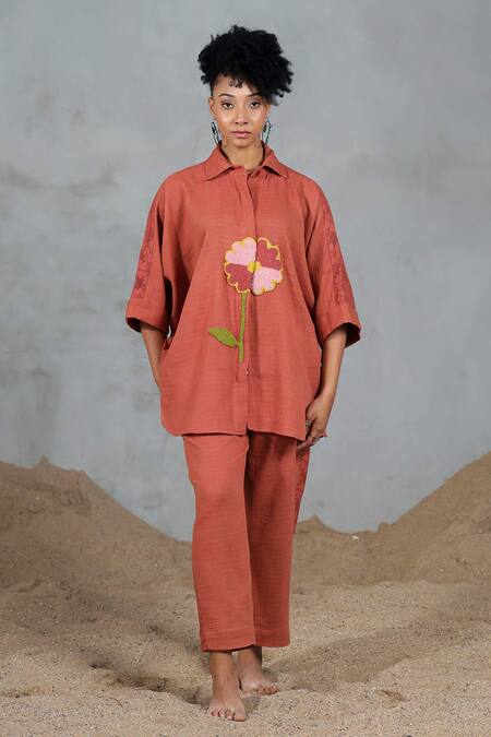 Buy_Coeur_Orange Embroidery Collared Organic Cotton Shirt And Pant Set _Online_at_Aza_Fashions