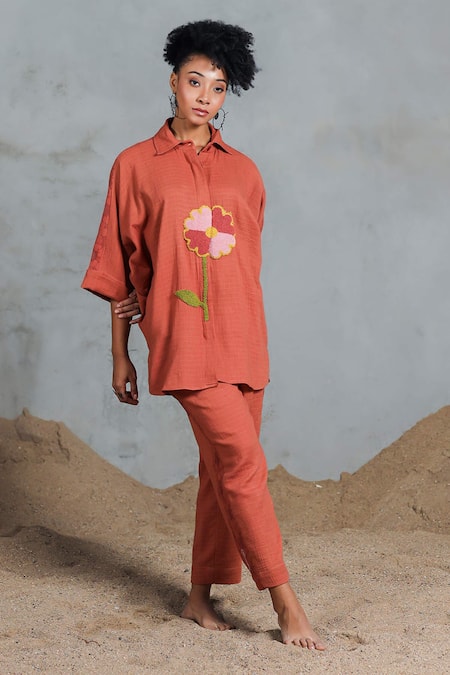 Shop_Coeur_Orange Embroidery Collared Organic Cotton Shirt And Pant Set _Online_at_Aza_Fashions
