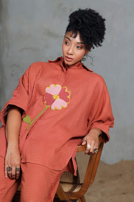 Coeur_Orange Embroidery Collared Organic Cotton Shirt And Pant Set _at_Aza_Fashions