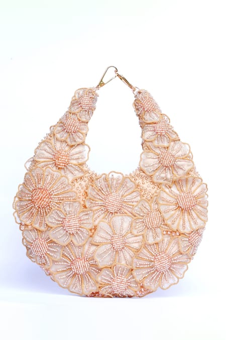 ClutcH'D_Rose Gold Beads Floral Handbag _Online_at_Aza_Fashions