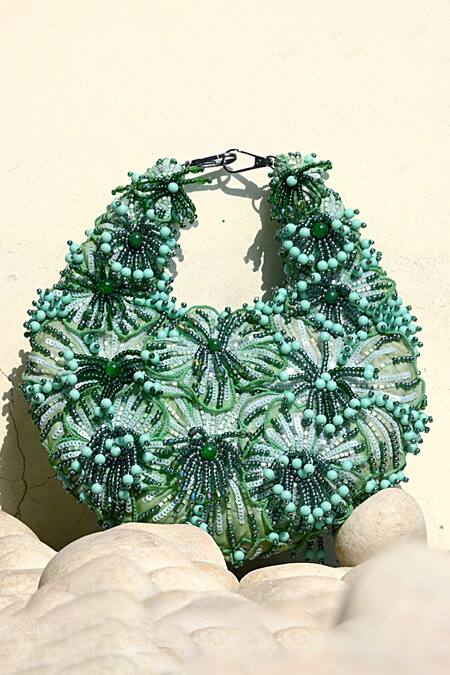 Buy_ClutcH'D_Green Beads, Pearls Beaded Handbag _Online_at_Aza_Fashions