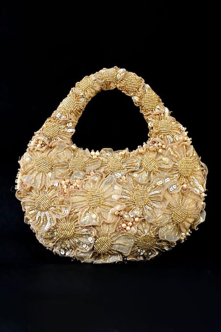 ClutcH'D Gold Beaded Floral Handbag 