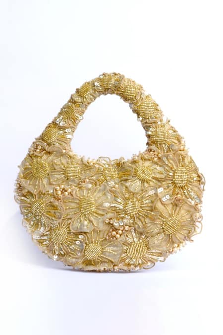 ClutcH'D_Gold Beads, Pearls Beaded Floral Handbag _Online_at_Aza_Fashions