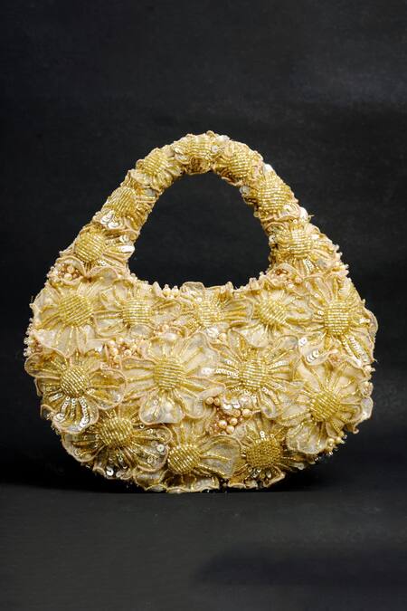 Buy_ClutcH'D_Gold Beads, Pearls Beaded Floral Handbag _Online_at_Aza_Fashions