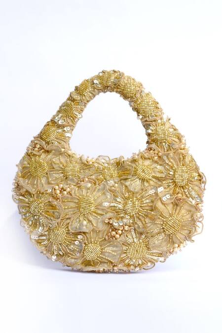 Shop_ClutcH'D_Gold Beads, Pearls Beaded Floral Handbag _Online_at_Aza_Fashions